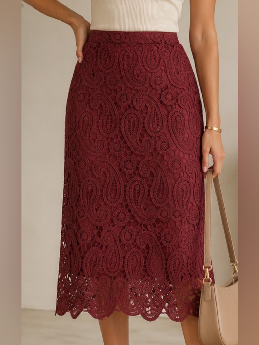 (1770) NWOT GRACIA Paisley Crochet Midi Skirt, Size S